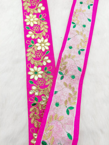 Fuchsia Pink Art Silk Fabric Trim, Green & Gold Floral Embroidery Gota Patti Indian Sari Border Trim By Yard Decorative Trim Craft Lace